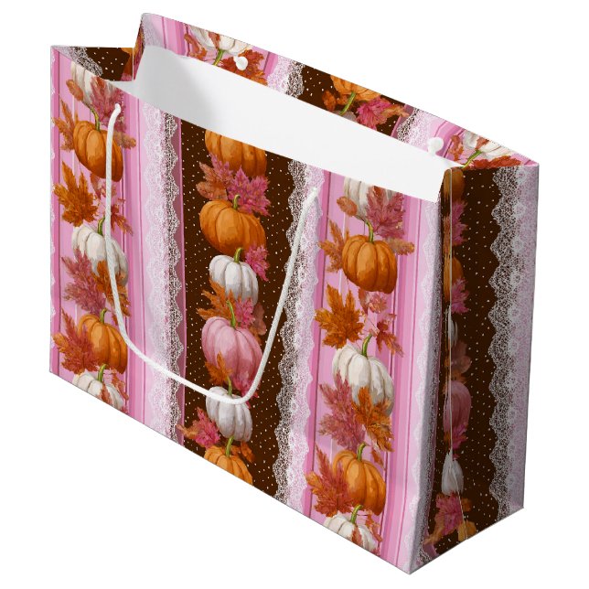 Pink Orange Pumpkin Floral Fall Pattern Large Gift Bag (Front Angled)