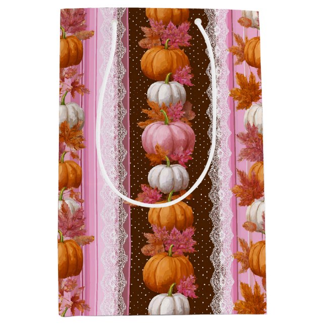 Pink Orange Pumpkin Floral Fall Pattern Medium Gift Bag (Front)
