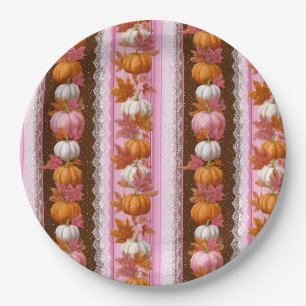 Pink Orange Pumpkin Floral Fall Pattern Paper Plate