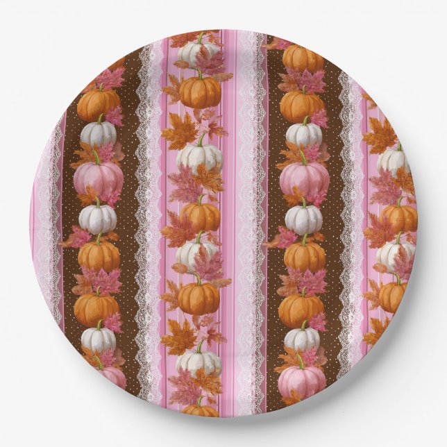 Pink Orange Pumpkin Floral Fall Pattern Paper Plate (Front)