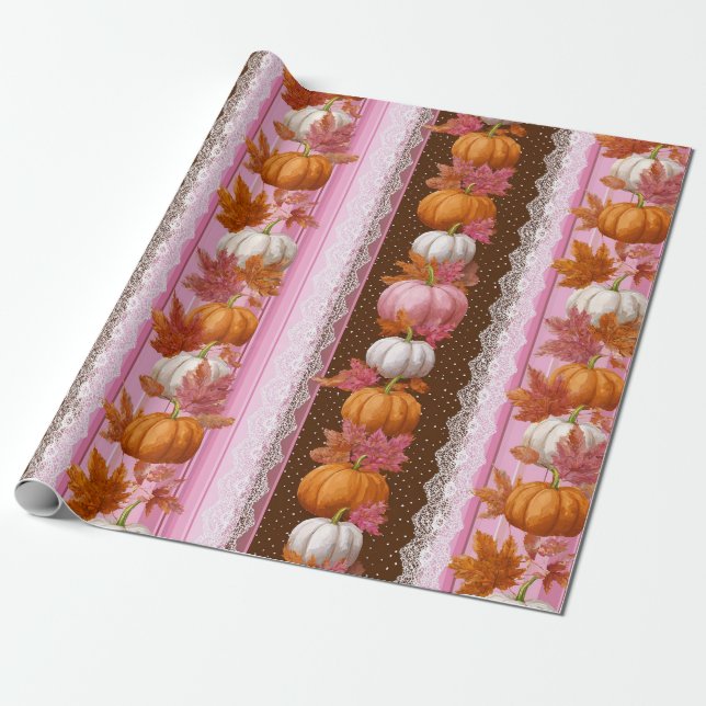 Pink Orange Pumpkin Floral Fall Pattern Wrapping Paper (Unrolled)