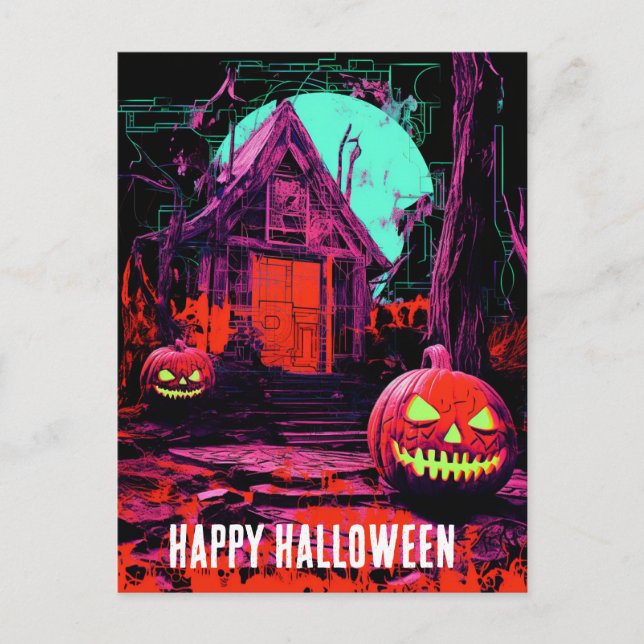 Pink Orange Purple Haunted Halloween House Postcard (Front)