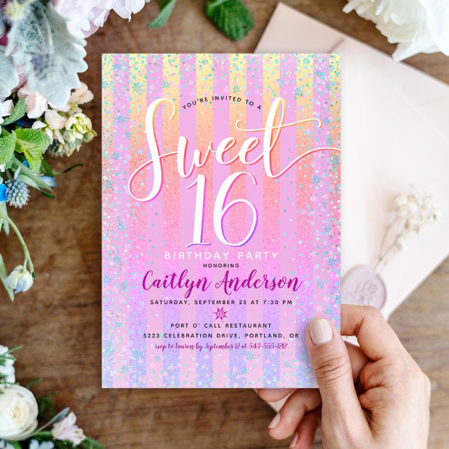 Pink Orange Purple Ombre Stripes Sweet 16 Birthday Invitation (Creator Uploaded)
