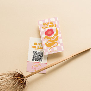 Pink Orange QR Code Groovy Checkered Floral Girly Business Card