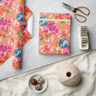 Pink Orange Red Blue Tulips Petunia Spring Flowers Wrapping Paper