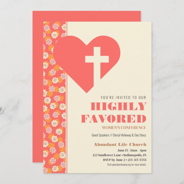 Pink & Orange Retro Flowers Women's Christian Invitation (Front/Back)