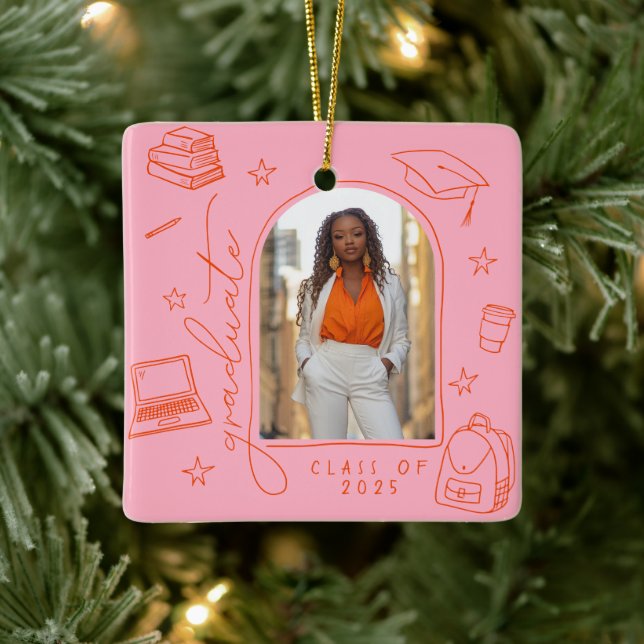 Pink Orange Retro Hand Drawn Photo Graduation Ceramic Ornament (Tree)
