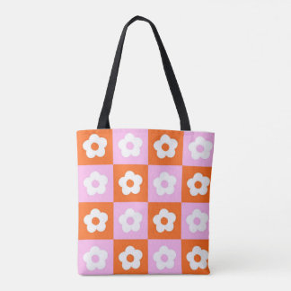 Pink Orange Retro Illustrated Flower Cute Tote Bag