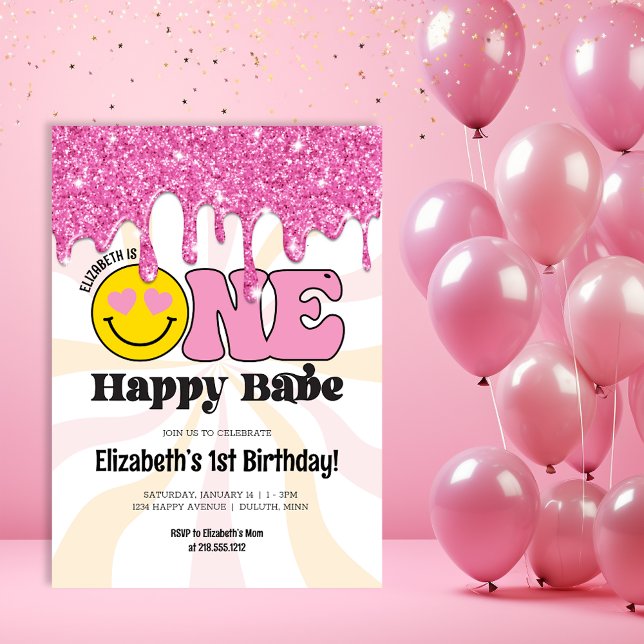 Pink Orange Retro One Happy Babe 1st Birthday Invitation (Creator Uploaded)