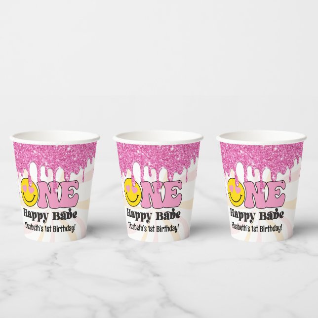 Pink Orange Retro One Happy Babe 1st Birthday Paper Cups (Multi)