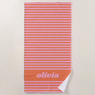 Pink Orange Retro Striped Personalised Name Summer Beach Towel