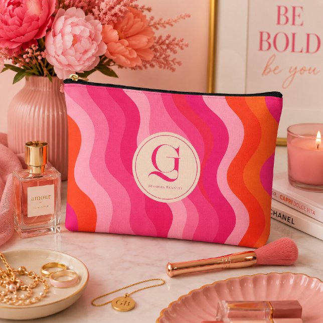 Pink Orange Retro Wave Personalised Monogram Accessory Pouch (Creator Uploaded)