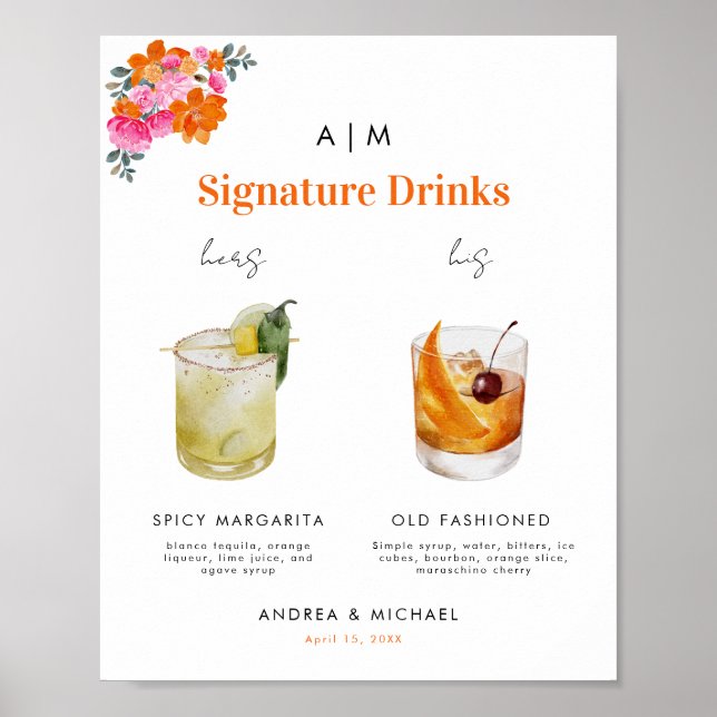 Pink Orange Signature Drinks Cocktail Sign (Front)