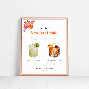 Pink Orange Signature Drinks Cocktail Wedding Sign