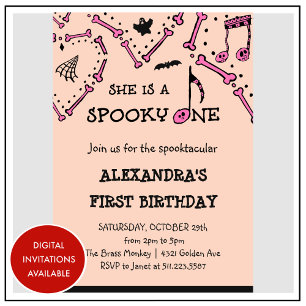 Pink Orange Skull Spooky Halloween 1st birthday Invitation