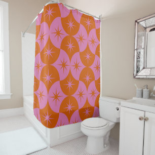 Pink Orange Starbursts on Mid Century Scallops  Shower Curtain