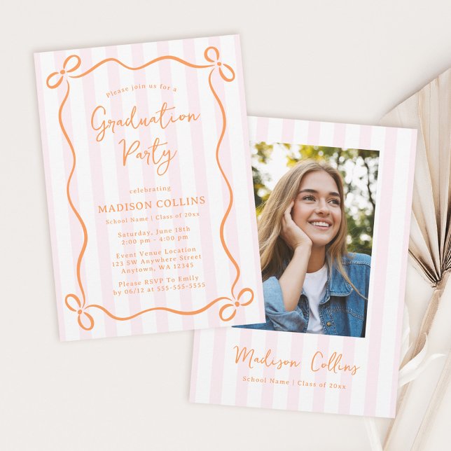 Pink Orange Stripes Bow Graduation Party Photo Invitation (Creator Uploaded)