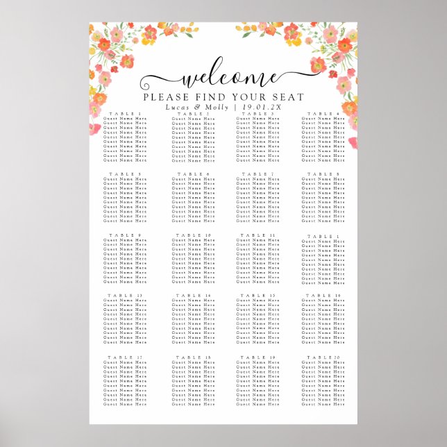 Pink & Orange Summer Floral Seating Chart (Front)