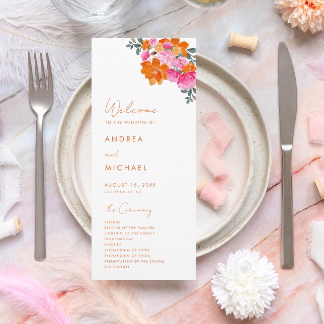 Pink Orange Summer Floral Vibrant Bloom Wedding  Program (Creator Uploaded)