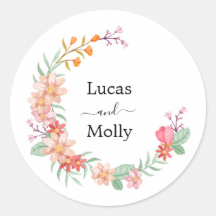 Pink & Orange Summer Floral Wedding Classic Round Sticker
