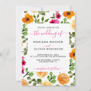Pink Orange Summer Floral Wedding Invitation