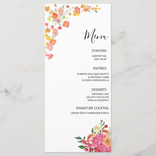 Pink & Orange Summer Floral Wedding Menu (Front)