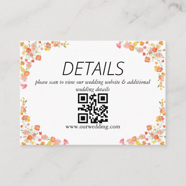 Pink & Orange Summer Floral Wedding QR Code Enclosure Card (Front)