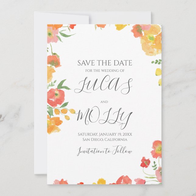 Pink & Orange Summer Floral Wedding Save The Date (Front)