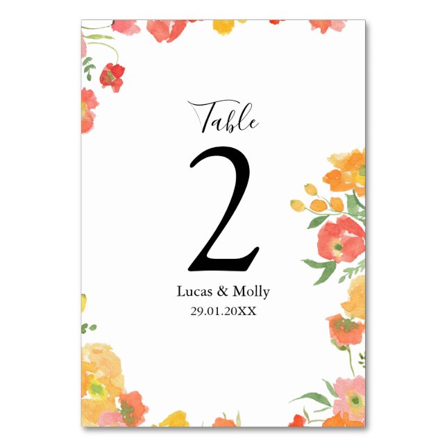 Pink & Orange Summer Floral Wedding Table Number (Front)