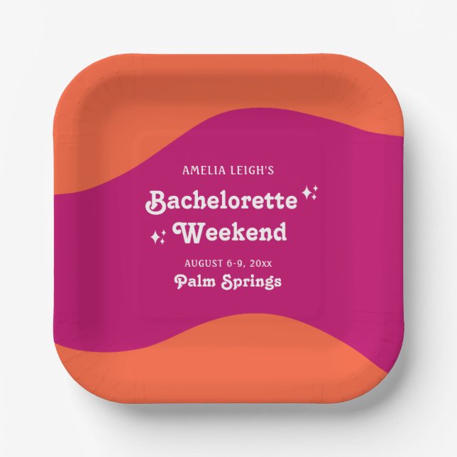 Pink & Orange Sunset Retro Bachelorette Weekend Paper Plate (Front)