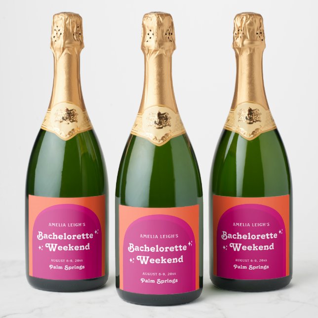 Pink & Orange Sunset Retro Bachelorette Weekend Sparkling Wine Label (Bottles)