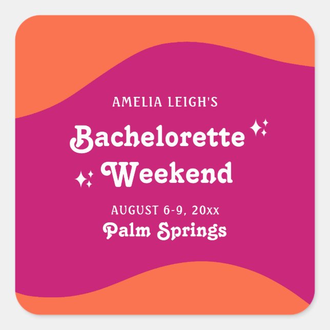 Pink & Orange Sunset Retro Bachelorette Weekend Square Sticker (Front)