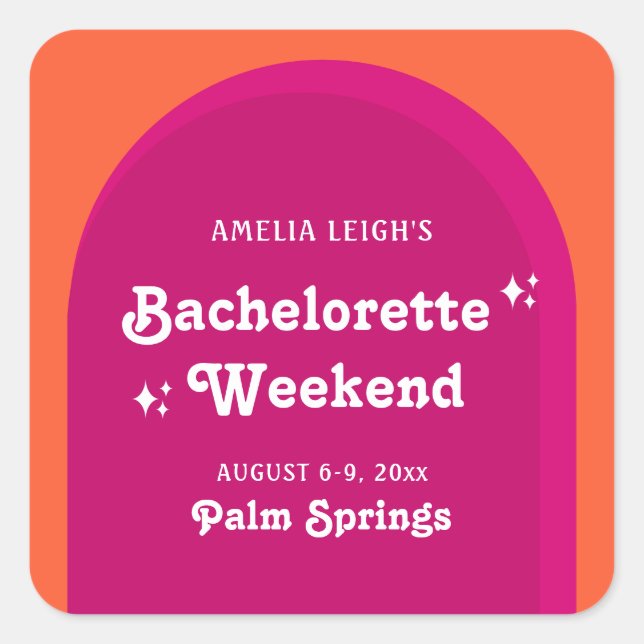 Pink & Orange Sunset Retro Bachelorette Weekend Square Sticker (Front)
