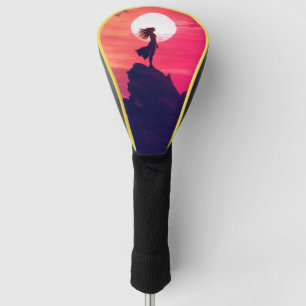 Pink & Orange Sunset with Moon Design leather Golf Head Cover