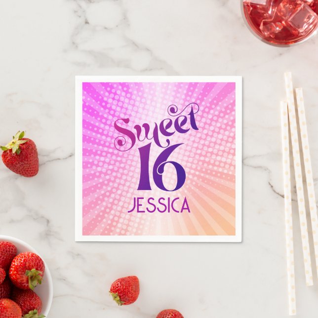 Pink Orange Sweet 16 Gradient Boho Retro Groovy Napkin (Insitu)