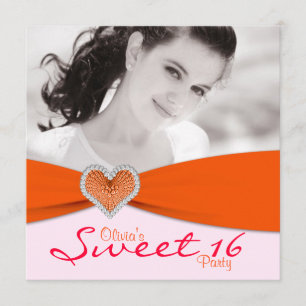 Pink & Orange Sweet Sixteen Photo Birthday Party Invitation