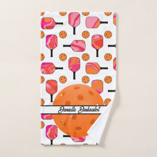 Pink Orange Swirl Pickleball Paddles Balls Custom Hand Towel