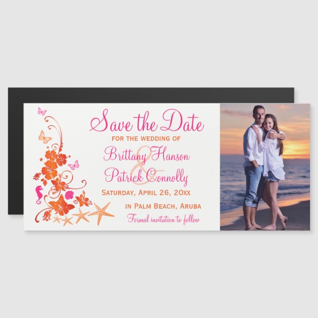 Pink, Orange Tropical Beach Save the Date Magnet (Front/Back)