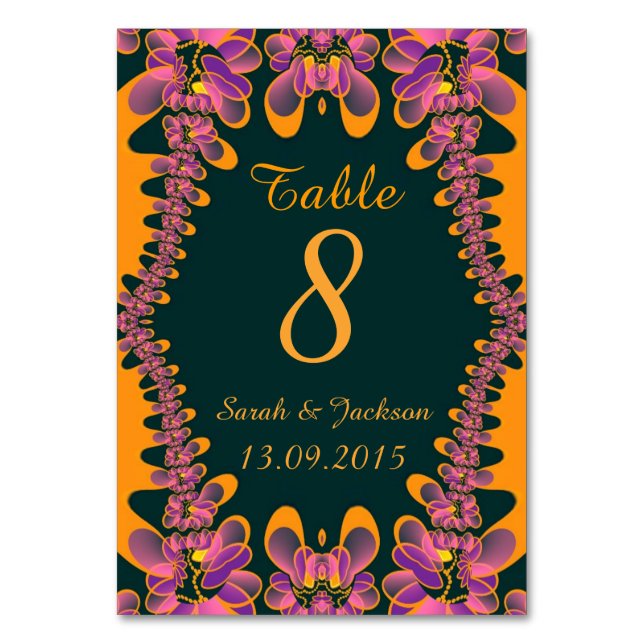 Pink Orange Tropical Wedding Table Number Card (Front)