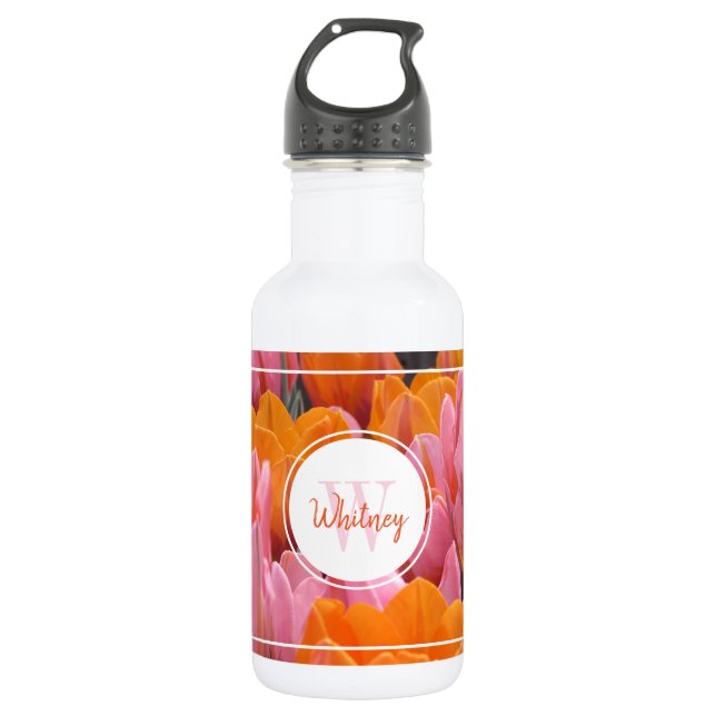 Pink & Orange Tulips Monogram Water Bottle (Front)