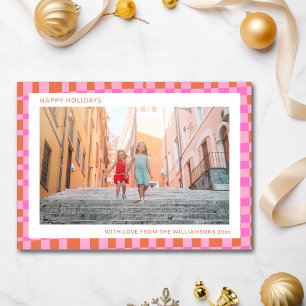 Pink Orange Unique Retro Chequerboard Two Photo  Holiday Card