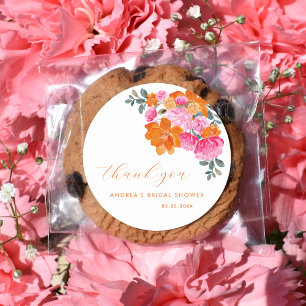 Pink Orange Vibrant Floral Bridal Shower Thank You Classic Round Sticker