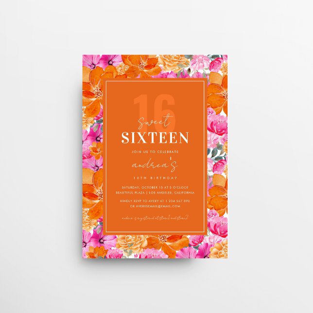 Pink Orange Vibrant Garden Sweet 16 Birthday Party Invitation (Creator Uploaded)