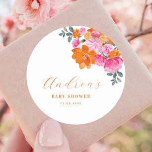 Pink & Orange Vibrant Summer Floral Baby Shower  Classic Round Sticker