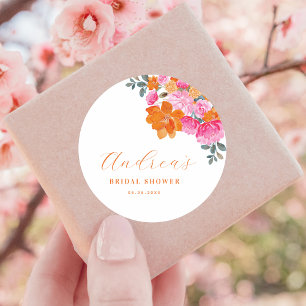 Pink & Orange Vibrant Summer Floral Bridal Shower Classic Round Sticker