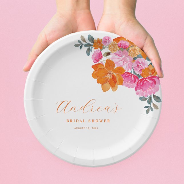Pink & Orange Vibrant Summer Floral Bridal Shower  Paper Plate (Creator Uploaded)