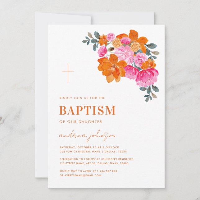 Pink Orange Vibrant Summer Garden Cross Baptism Invitation (Front)