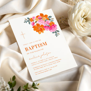 Pink Orange Vibrant Summer Garden Cross Baptism Invitation