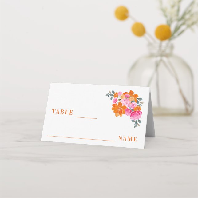 Pink & Orange Vibrant Summer Garden Wedding Table Place Card (Front)