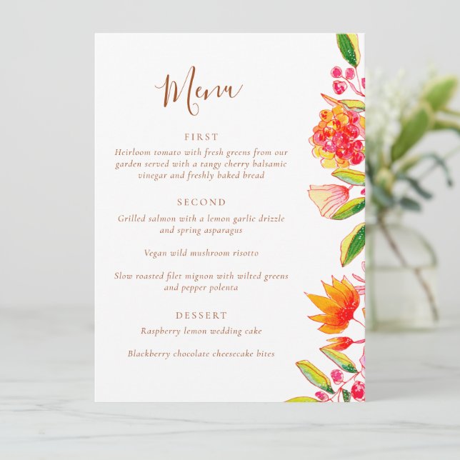 Pink Orange Watercolor Floral Wedding Dining Menu (Standing Front)